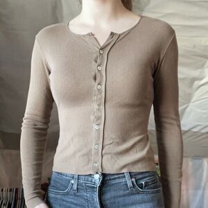 🤎 Brown Eyelet Cardigan, Button Up Cardigan, Cinched Waist, Long Sleeve Women’s